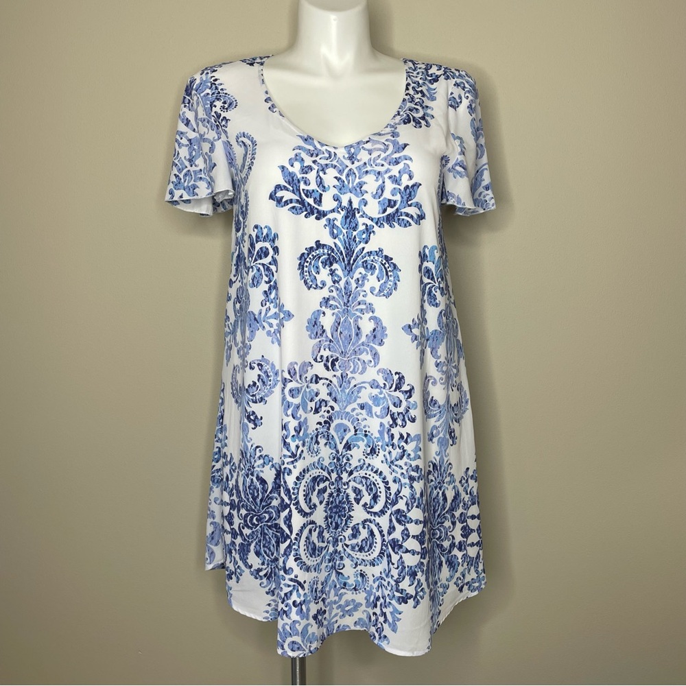 Show Me Your MuMu White and Blue Patterned Mini Dress